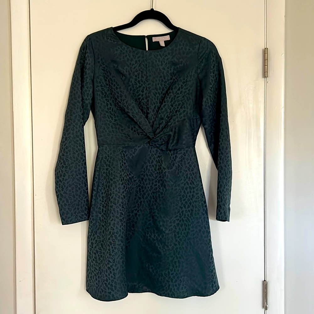 Chelsea28, XS, Dark green with leopard print twist-up long-sleeve dress.